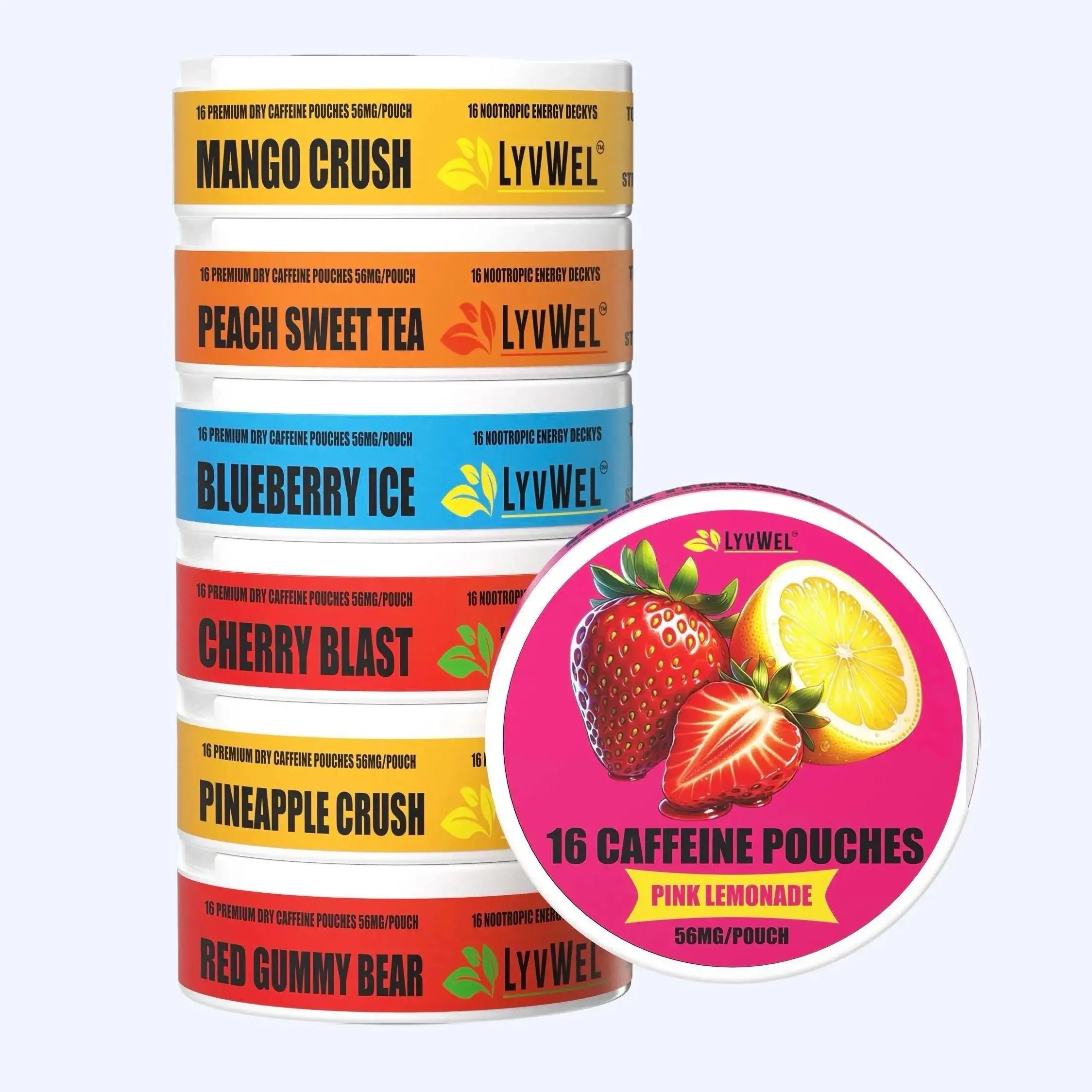 Assorted Flavors Caffeine Pouches Sports Beverage Energy Boost (7-Jars Pack) - 56MG per Pouch, Pineapple/Peach/Sweet Cherry, Gluten Free, Natural Focus & Mental Clarity Support Beverage