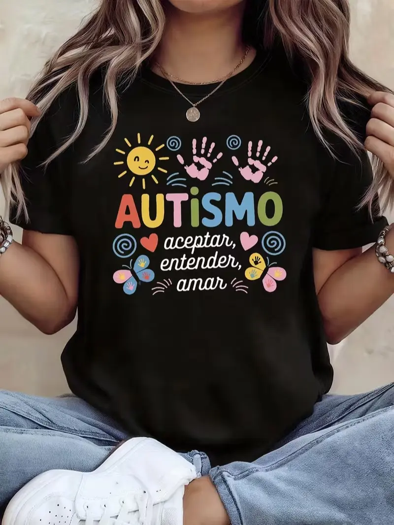 AUTISM Accept, Understand, Love. Women'S Spanish Autism Care Themed T-Shirt with Sun Handprint Slogan Decoration, Casual Short Sleeves, Rainbow Warmth, Public Welfare Style for Caring