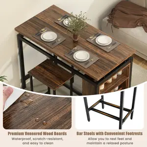 COSTWAY - 3 Pieces Dining Table Set with 3-Tier Storage Shelf and Metal Frame-Brown
