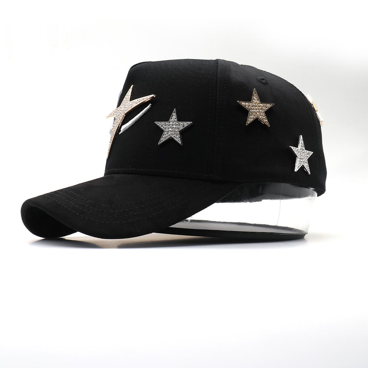 Black Baseball Cap with 3D Rhinestone Star & Moon Metal Decor, Unisex Adjustable Streetwear Cap