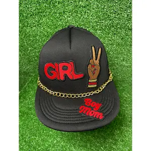 Girl Bye Trucker Hat with Gold Chain, Three Custom Embroidered Patches, One Size Fits All, Custom Order Available