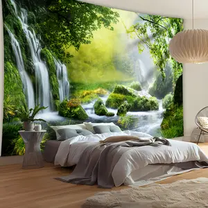 1pc Ultra Large Green Forest Waterfall Landscape Tapestry - Vibrant Polyester Wall Hanging with Lush Foliage & Cascading Waterfalls, Perfect for Living Room, Bedroom, Office Decor, and Streaming Backdrop, Includes Free Hanging Clips
