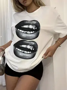 Women's Lip & Teeth Print Round Neck Tee, Fashion Casual Crew Neck T-shirt for Daily Holiday Vacation Outdoor Wear, Ladies Clothes for Summer
