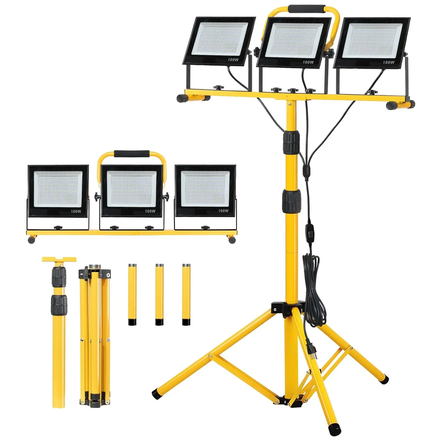100W Aluminium 3-Head LED Work Floodlight - Powerful Light, 32000lm High Lumen Spotlights, AC Power Supply, Telescopic Tripod, Waterproof Metal Portable Floor Lamps for Garage, Construction Sites, Super Bright Light
