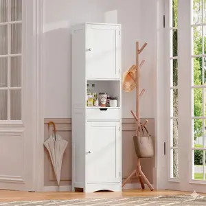 Tall Bathroom Storage Cabinet, Slim Corner Floor Cabinet with Doors and Drawer, Freestanding Narrow Bathroom Organizer with Adjustable Shelves for Small Space, White