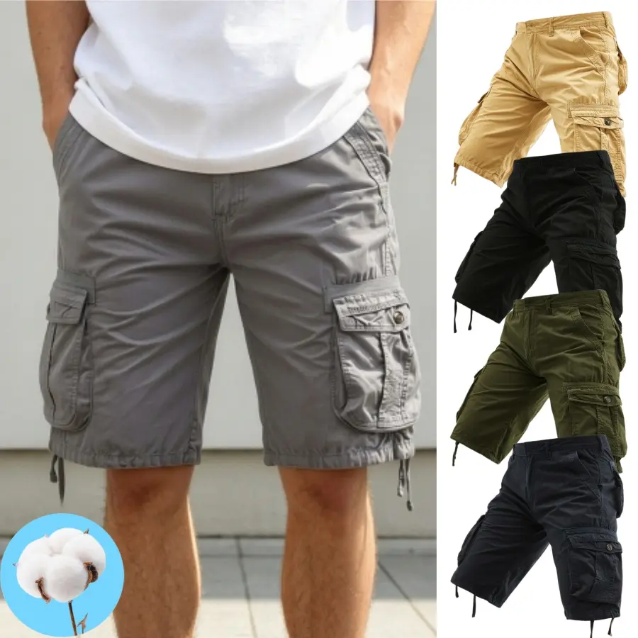 Men's 100% Cotton Solid Color Cargo Casual Shorts - Knee-Length, Multi-Pocket, Adjustable Drawstring Hem, Breathable Menswear - for Outdoor Working, Daily Wear, Streetwear Ready, 5 Classic Neutral Colors