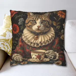 Victorian Rococo Cat Tea Time Throw Pillow Cover - Vintage Tea Garden Cushion, Elegant Home Decor Gift for Cat Lovers