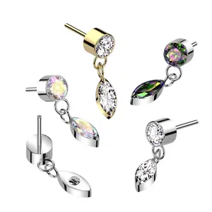 20G/18G/16G Marquise Dangle Chain Stud • Threadless Flat Back Studs • Push Pin Labret • Flat Back Earring • Tragus Stud • Flat Back Upper Ear Stud • Helix Stud • Ear Cartilage Stud • Threadless Earring • Stud • Implant Grade Titanium • Silver • Gold