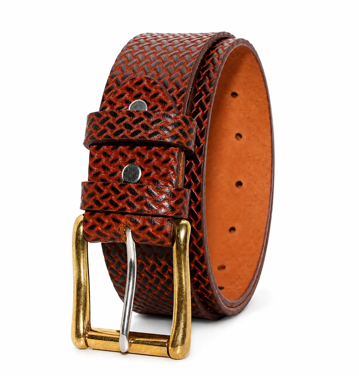 Men's Full Grain Buffalo Leather Belt, 1.5" Handmade Amish Basket Weave Heavy Duty Belt with Golden or Silver Roller Pin Buckle, Durable Design, Built to Last