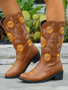 Women's Knee-High Western Sunflower Denim Boots, Floral Embroidery, Square Toe Vintage Design, Perfect for Country Music Festivals