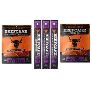 Teriyaki Bundle TikTok Exclusive 2 Bags Pork Jerky & 3 Meat Sticks High-Protein Snacks Perfect for Road Trips Gym Bags
