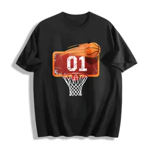 Retro 01 Basketball Hoop Graphic T-Shirt for Men, Distressed Basketball Hoop & Ball Print Tee, 100% Cotton Casual Crewneck Top, Streetwear for Basketball Players & Fans, Perfect Gift for Hoopers, Summer Everyday Wear