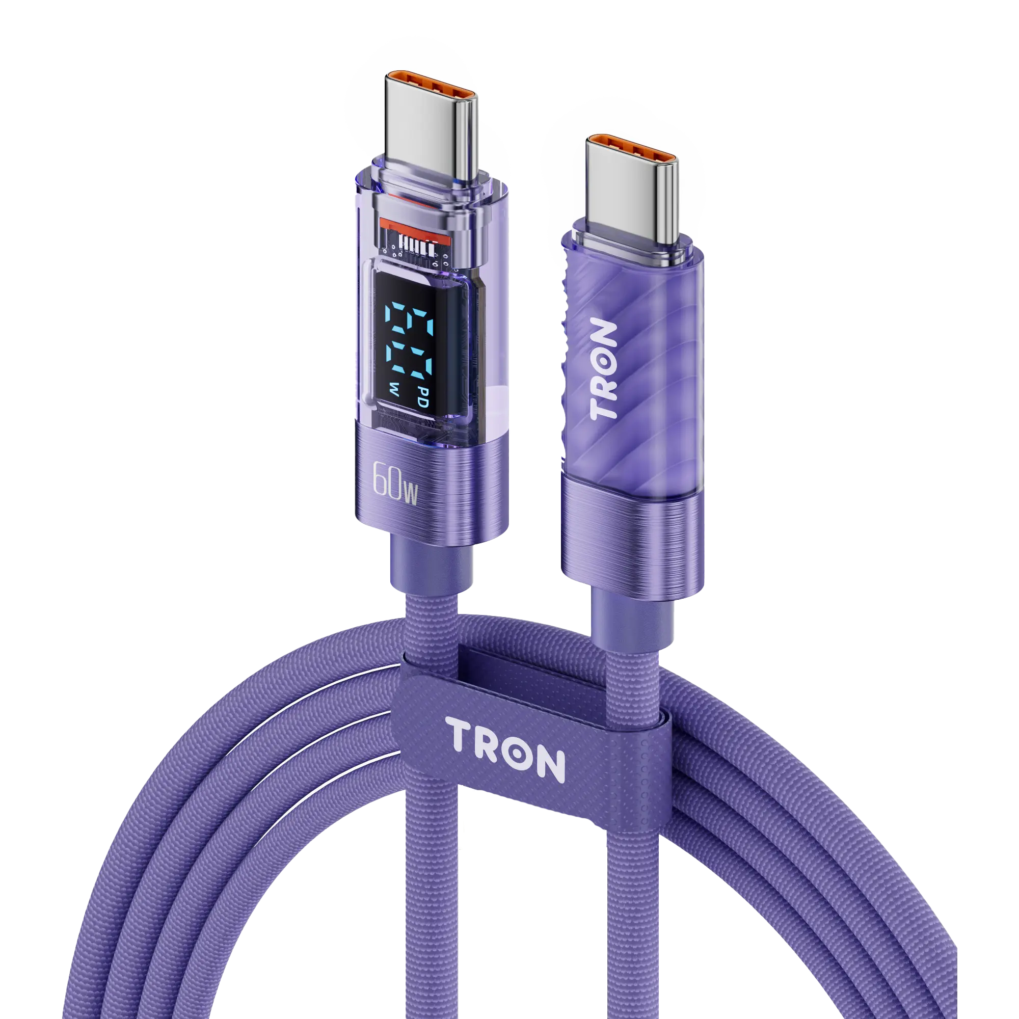 60W USB-C to USB-C Transparent Cable | Digital Display | 5FT | Purple