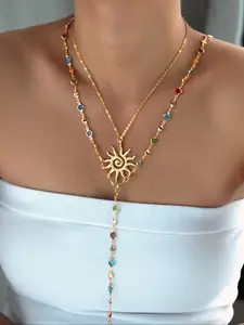 Women's Y-Shaped Chain Necklace Set, Colorful Rhinestone Sunflower Design, Casual Style Zinc Alloy Jewelry Gift for Women, Statement Necklace, Dainty Layering Jewelry, Daily Wear Necklace