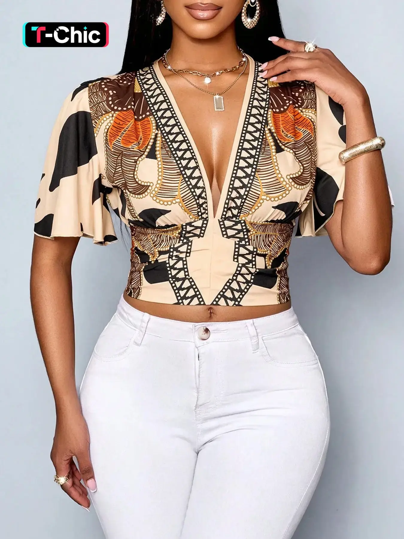Women's All Over Print Woven Top, Casual Chic Minimalist, Casual V Neck Fitted Top for Spring & Summer, Women's Clothing for Daily Wear, Lady Blouse, Shirts, Womenswear, Aesthetic Shirt, Boho Tops