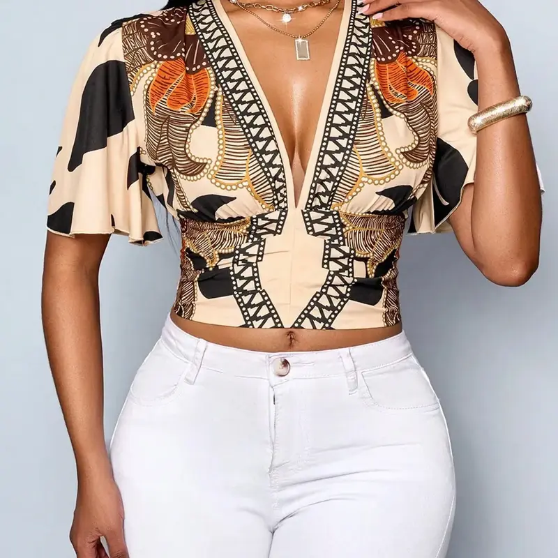 Women's All Over Print Woven Top, Casual Chic Minimalist, Fitted Casual Fashion, Casual V Neck Fitted Top for Spring & Summer, Women's Clothing for Daily Wear, Lady Blouse, Shirts, Womenswear, Boho Tops