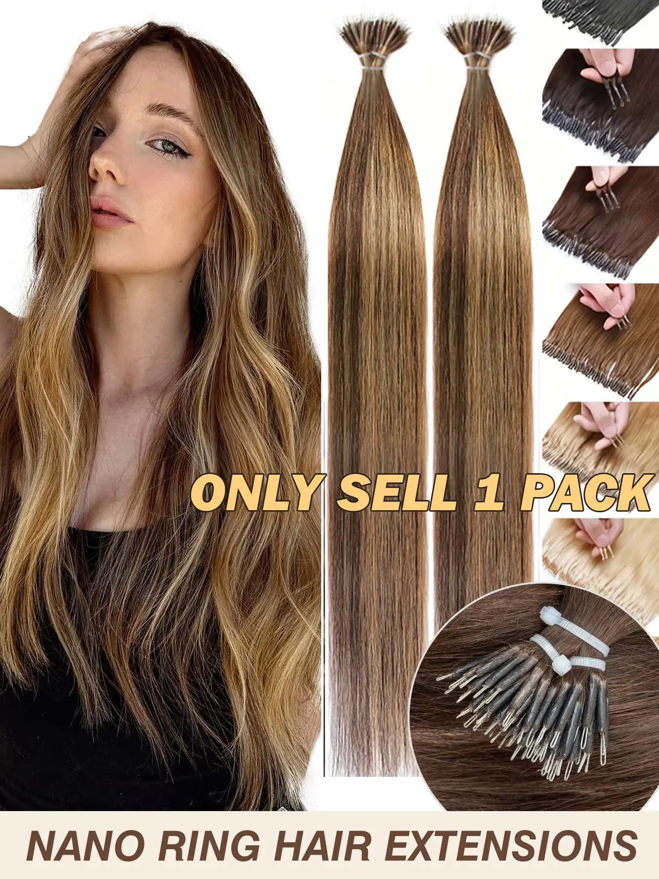 Microbead Nano-Ring Hair Extensions - Natural Straight Human Hair, 10 Colors (Blonde, Brown, Black) Undetectable Hair Extensions, 30.48-60.96cm Length, Adds Volume & Length For Women & Men, Platinum Highlights Hair, For All Women