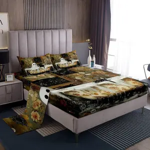 Feelyou Halloween Decorative Microfiber Bed Sheets Set - 16in Deep Pocket Fitted, Vintage Flower, Cute Ghost & Black Cat Prints, Rustic Brown, Soft Breathable, Durable Bedding Accessories for Kids