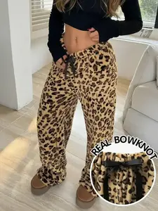 Flannel Fleece Lined Leopard Print Heart Valentine's Day Camo Sweatpants, Streetwear Hip Hop Rap Dance Motorcycle School Y2K Fashion