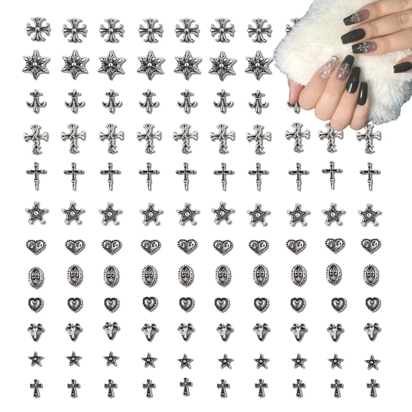 Gothic Cross Heart Metal Nail Art Set: Y2K Punk Vintage Halloween 3D Charms, Metal Nail Art Pieces for Acrylic DIY Nails, Silver Gold Gems & Bling Decor for Women, Girls, Nail Tech Must Haves, Salon Supplies, Nail Art Supply, Diy Nail Decoration