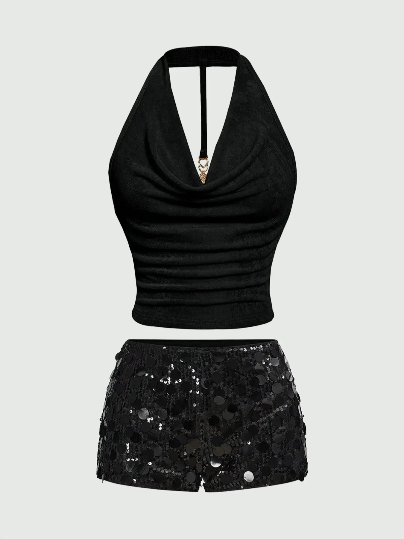 Ladies' Fashion Two-Piece Set Solid Color Halter Neck Sequin Shorts Outfit, New Casual Women's Wear.