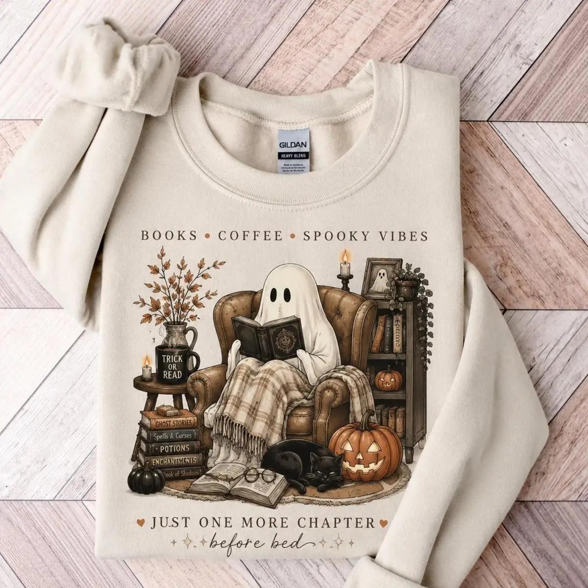 Cozy Ghost Reading Sweatshirt – Book Lover Coffee Graphic Crewneck, Cute Spooky Reader Fall Pullover, Halloween Gift for Women