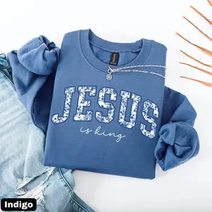 [Saleup to 75%] Jesus Is King is King  Blue Toile de Jouy, Christian Apparel Sweatshirt Hoodie/ shirt/ Sweatshirt Cotton Shirt, Bible Verse, Religious Mom Gift, Cute Christ Women GiftFaith Sweatshirt, Womens Christian Gift,