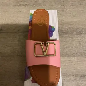 Women's Pink Sandals with Gold Buckle and Brown Sole