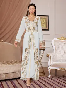 Women's V Neck Long Sleeve Dress with Belt, Elegant Loose-Fitting Embroidered Beaded Design, All Season Fashion for Ladies