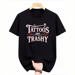 180g[100%cotton]Unisex Bold Statement Tee – Black Shirt with Pink "Tattoos Are Trash" Lettering, Light