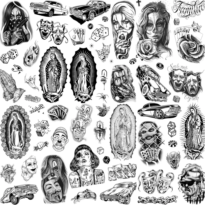 Rechal 6 Sheets Chicano Temporary Tattoos For Women Men Adults Halloween Face Makeup Kit, Black Guadalupe Tattoo Stickers, Gangster Payasa Gansta Fake Tatoos Prison Familia Joker, Tatuajes Temporales