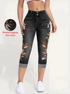 Women's Tight Fit Seven-Quarter Pants, Faux Denim Print, Slim-Fitting Casual Bottoms, All Season Wear, Comfortable and Stylish, Printed
