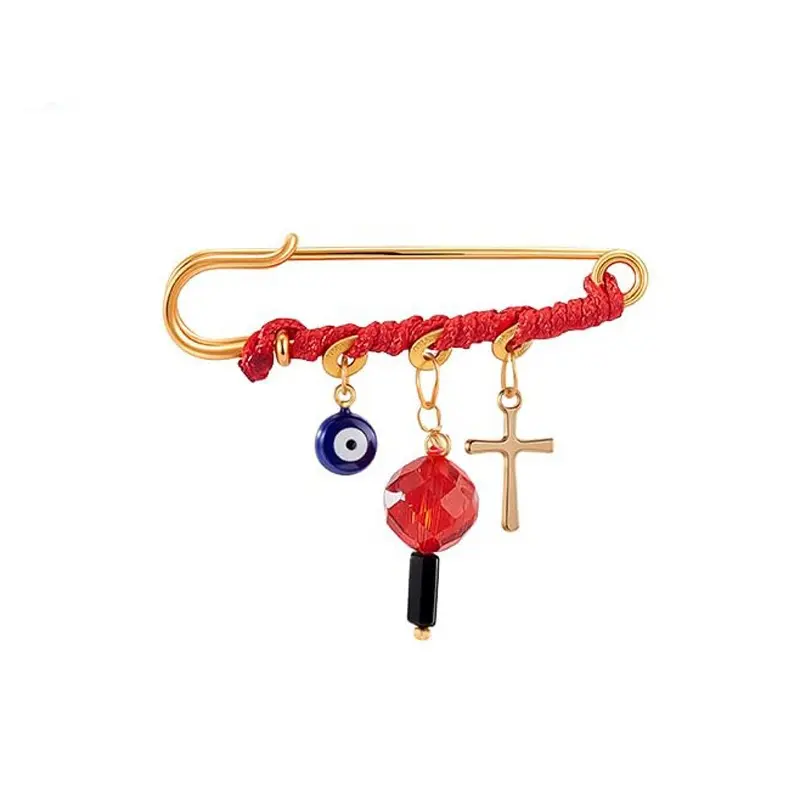 Gold-Tone Safety Pin Brooch with Red String, Evil Eye, Cross & Lantern Beads - Unisex Protection Amulet for Baby Shower Gift, Stroller