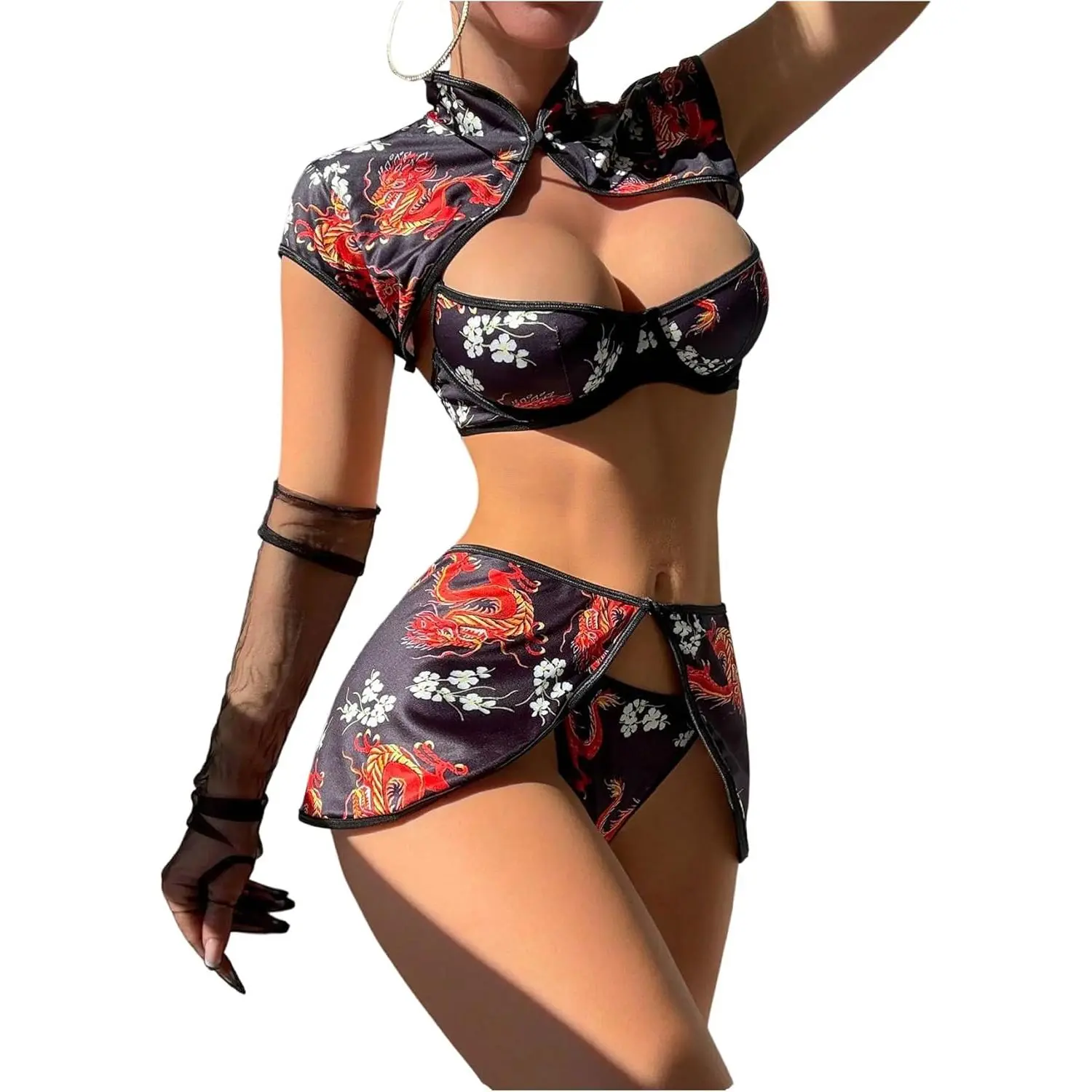 Women's Sexy 4-Piece Linen Fabric Lingerie Set - Cheongsam Style Dragon Print Cosplay Gear, High Collar, Mini Skirt, Large/XL Sizes, Lady