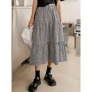 Vintage Sweet Cool Style Plaid Skirt, Layered Hem Design, Perfect for Daily, Stylish, Aesthetic and Checkered A-Line Midi SkirtRAIMENTRY