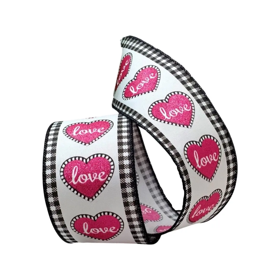 Pink Glitter Heart Black and White Ribbon, 2.5” x 10YD