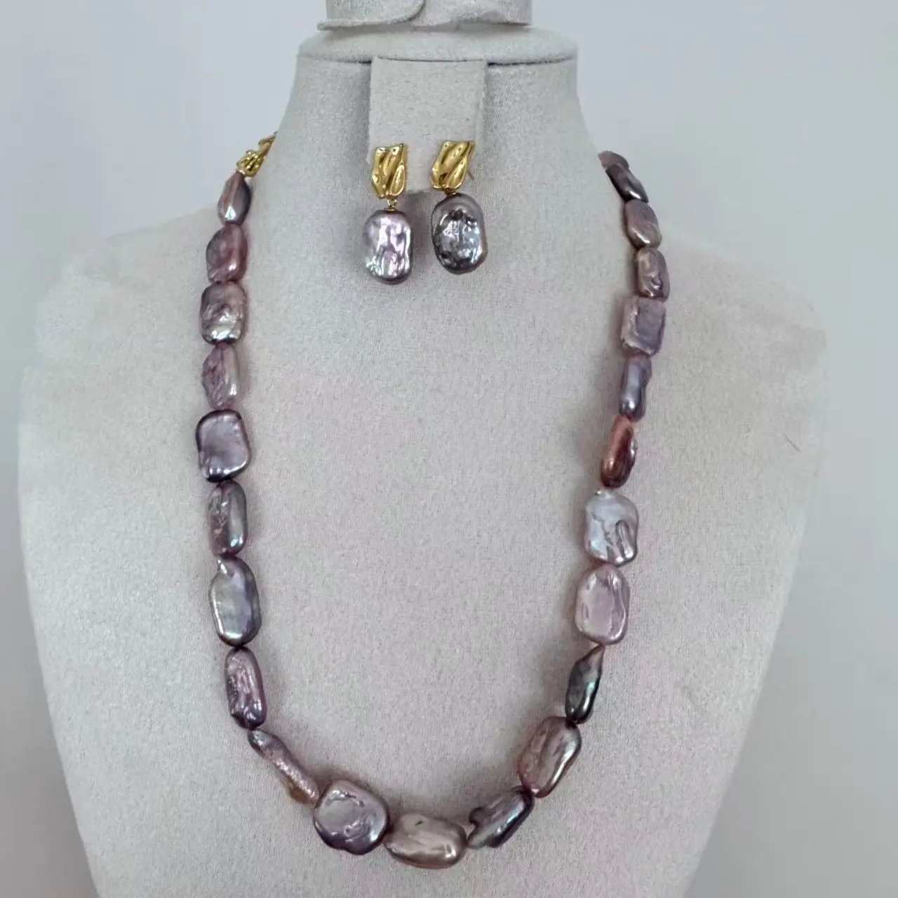 Demon Purple Square Shape Fresh Water Pearl Full Strand Necklace Iridescent Square Baroque Purple Pearl Stud Earrings | Freshwater Pearl