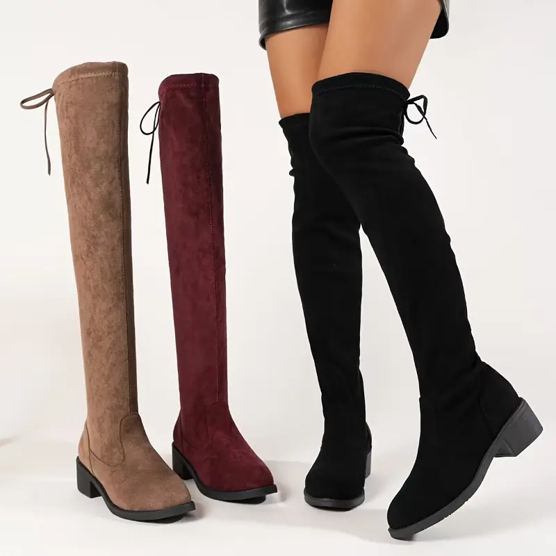 Women's Stretch Fabric Over-Knee Boots, Solid Pull-On Design with Chunky Block Heel, Round Toe and Drawstring Top, Rubber Sole, Casual Wear