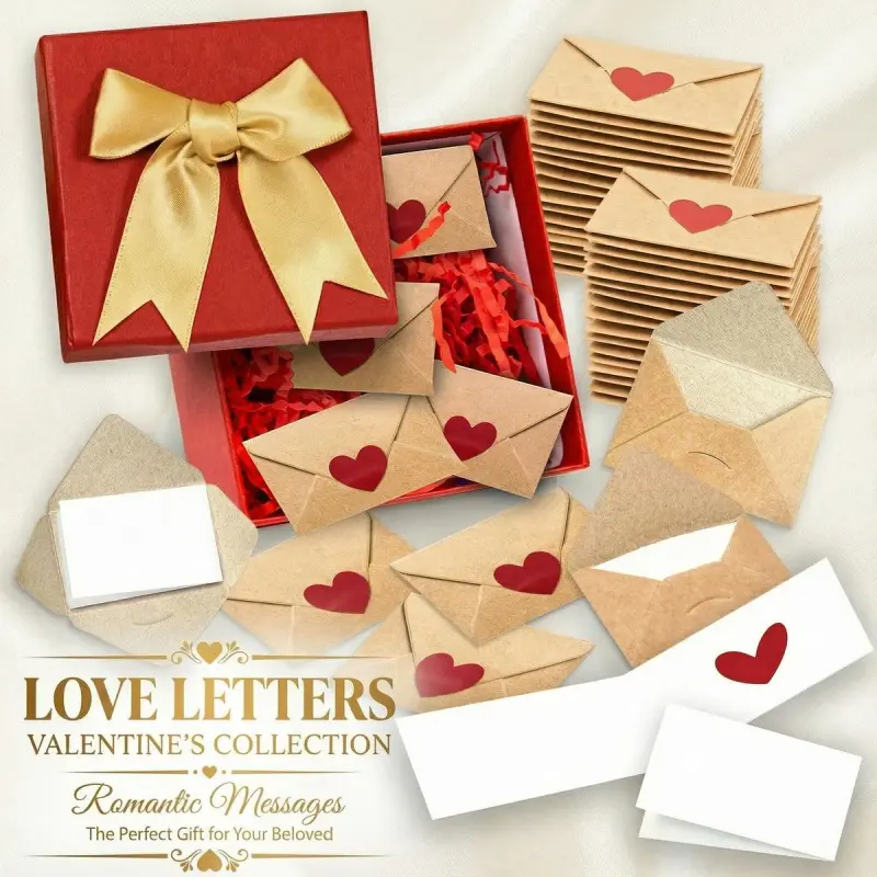 60 PCS DIY Love Notes Box Set with Blank White Note Cards, Mini Kraft Envelopes, Romantic Gift for Him/Her, Valentine’s Day Office Stationery