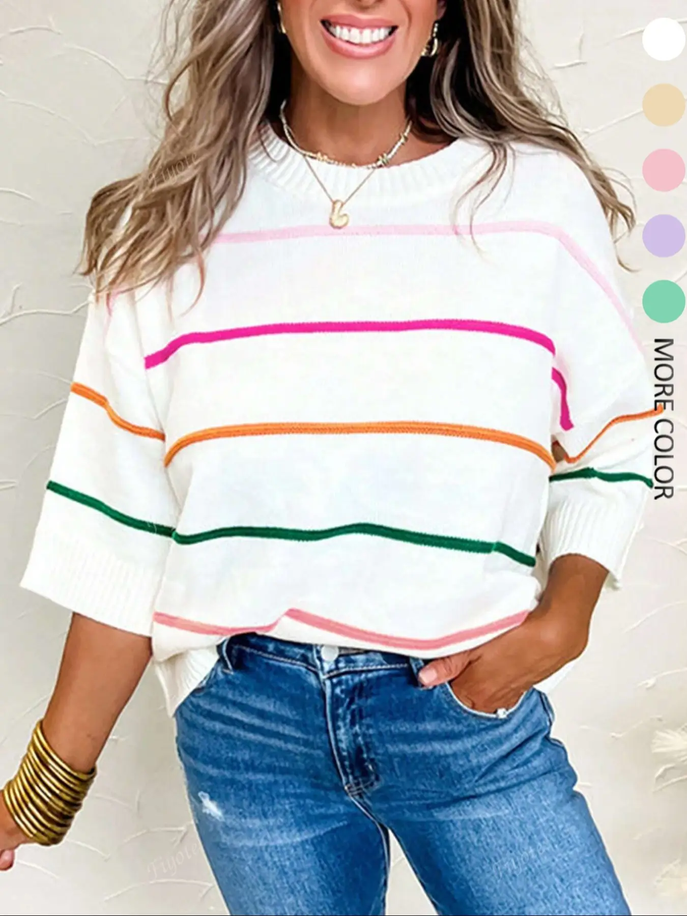 Women's Striped Print Sweater, Casual Short Sleeve Round Neck Jumper for Daily Wear, Ladies Knitwear for Spring & Fall