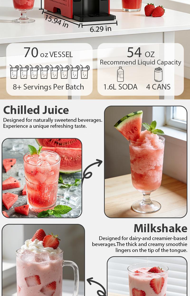 SUSTEAS Red Home Ice Blender 1.6L Capacity 6 Presets for Smoothies Milkshakes Cocktails Fine Shaved Ice for Silky Drinks