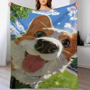 Vibrant Anime Style Corgi Flannel Blanket, Smiling Corgi in Park Art Throw, Fun Gift for Dog Moms & Corgi Enthusiasts