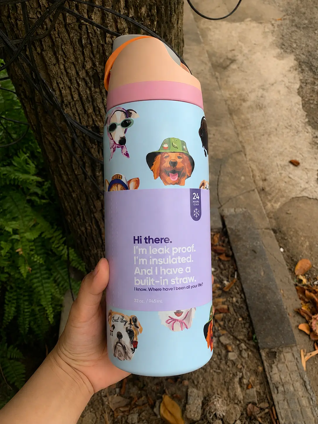 32oz Insulated Stainless Steel Water Bottle with Built-In Straw, Leak Resistant Flip Lid, Cute Dog Print Reusable Sports Travel Bottle