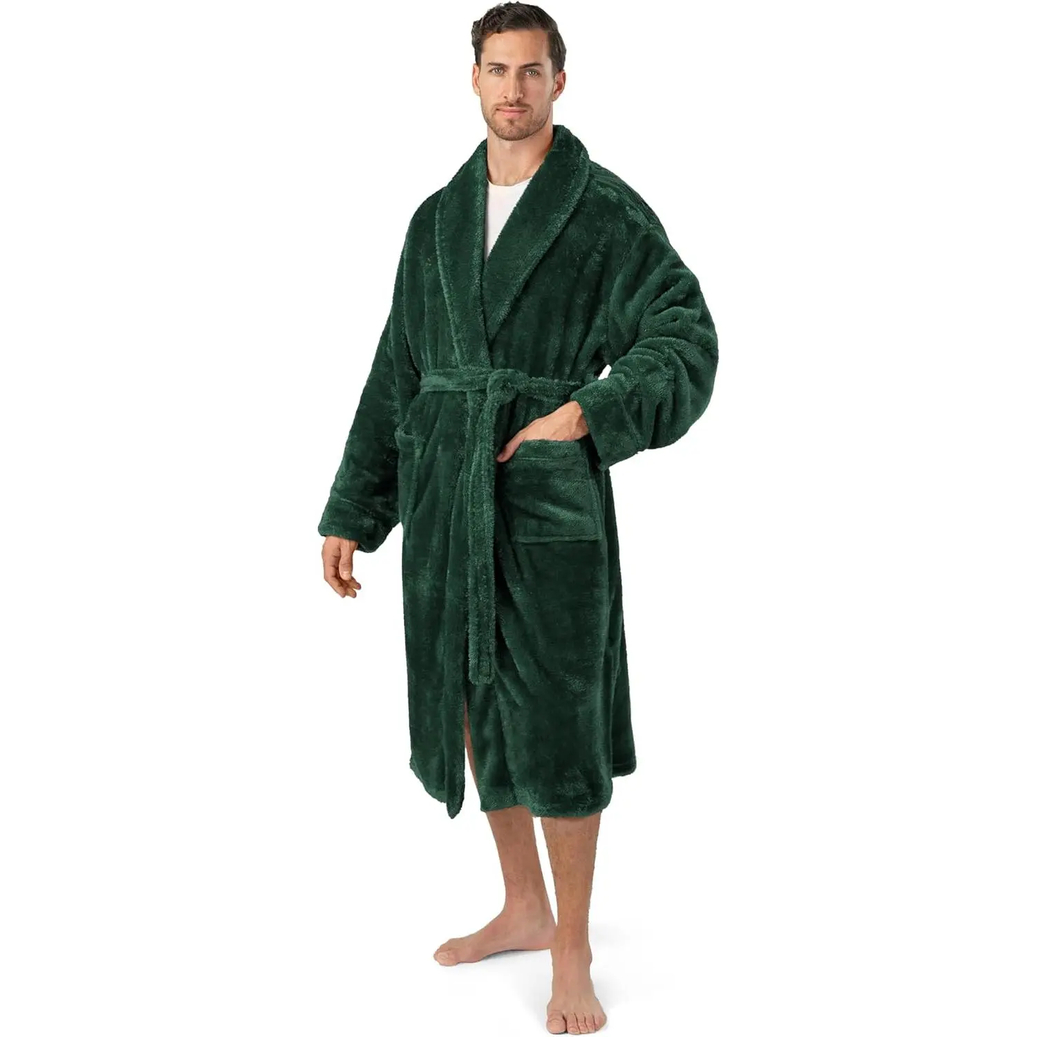 Men's Silky Teddy Sherpa Robe, Long Fleece Bathrobe with Pockets, Cozy Spa Loungewear for College School Dorm, Hospital | Christmas Gift, Long Sleeve, Strap, Nightwear, Tie, Menswear, Comfy