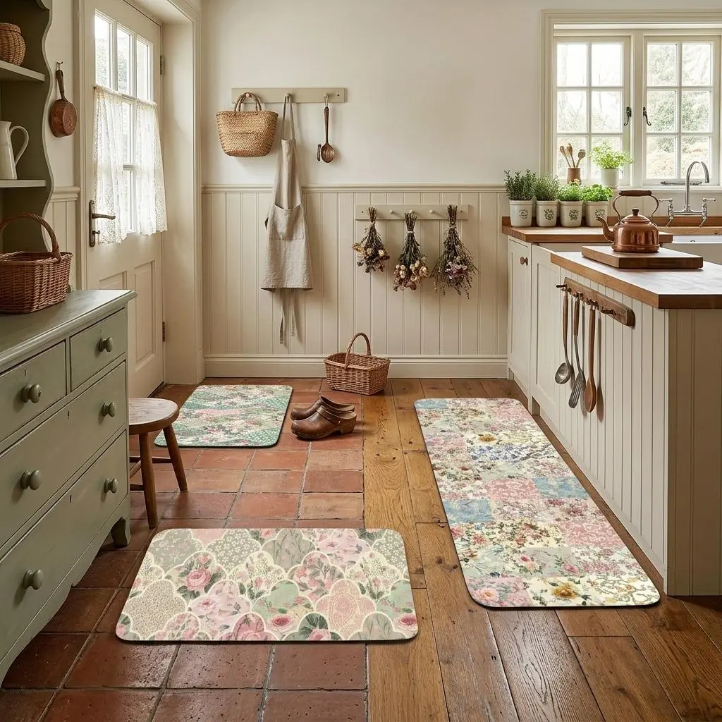 Diatom mud 1/2/3-Piece Vintage Floral Kitchen Mat Set, Cottagecore Patchwork Kitchen Rugs, Romantic Rose Farmhouse Floor Mats for Kitchen Sink, Entryway & Home Decor