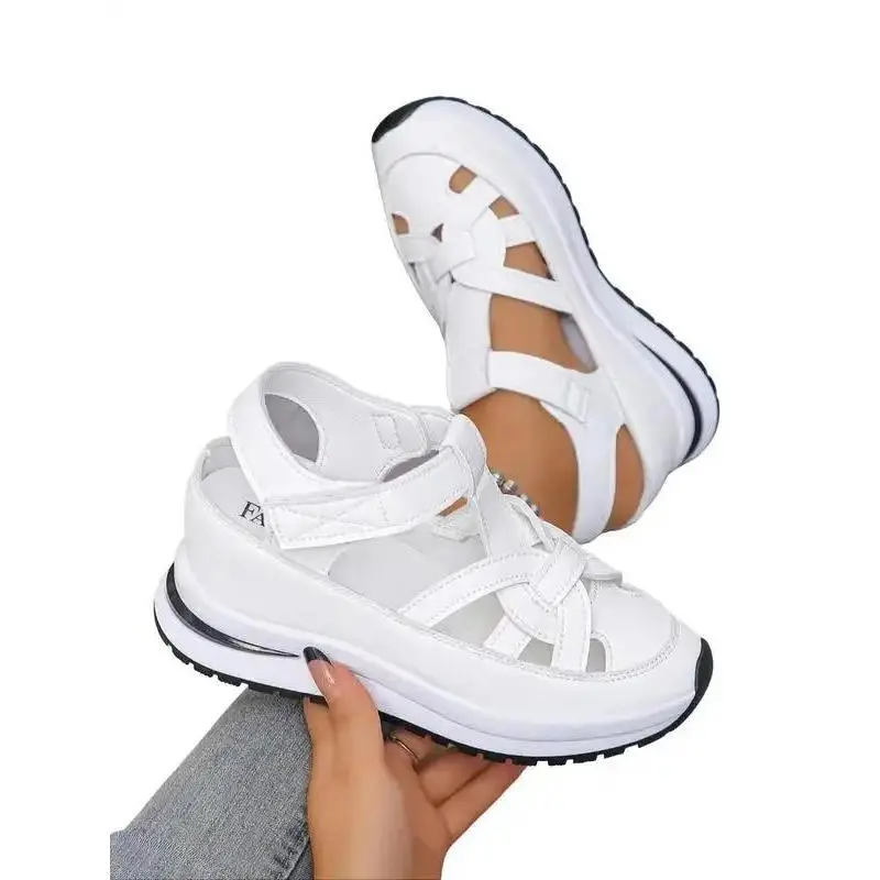 Female Wedge Sneakers - Sports & Outdoor Velcro-Fastening Shoes, Lightweight Breathable Leather-Synthetics Upper, Rubber Sole, Casual Daily Wear