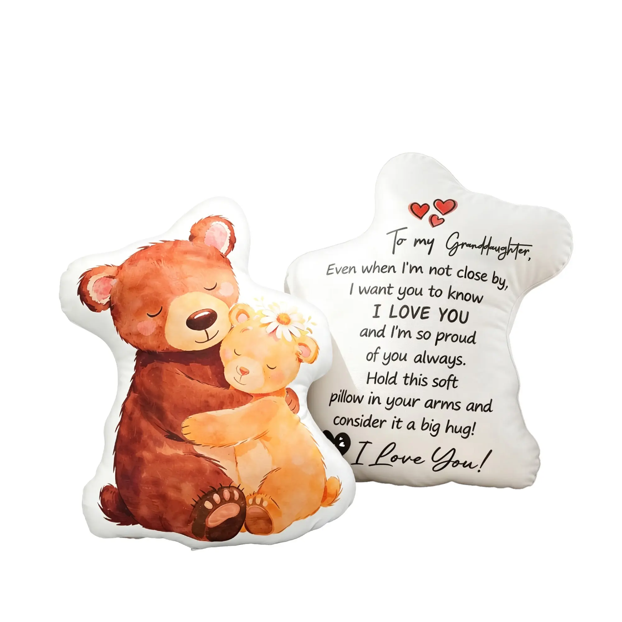 To My Granddaughter Bear Shaped Throw Pillow, Soft Plush Hugging Bear Cushion with Heartfelt Love Quote Print, 12 Inch Decorative Plush Pillow, Bedroom Sofa Decor, Birthday Christmas Mother's Day Gift for Granddaughter from Grandma Grandpa