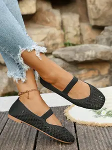 Women's Casual Soft Rubber Sole Square Toe Flat Shoes, Elastic Band Patchwork Design, Comfortable Walking Shoes for Indoor & Outdoor Use