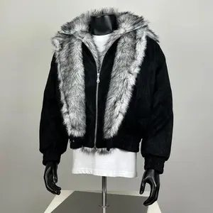 Couple contrasting color fur collar fake two-piece cotton jacket, large fur collar design + thick filling + windproof fabric + contrasting color + plush splicing, very suitable for daily travel commuting wear/outdoor trend party activities