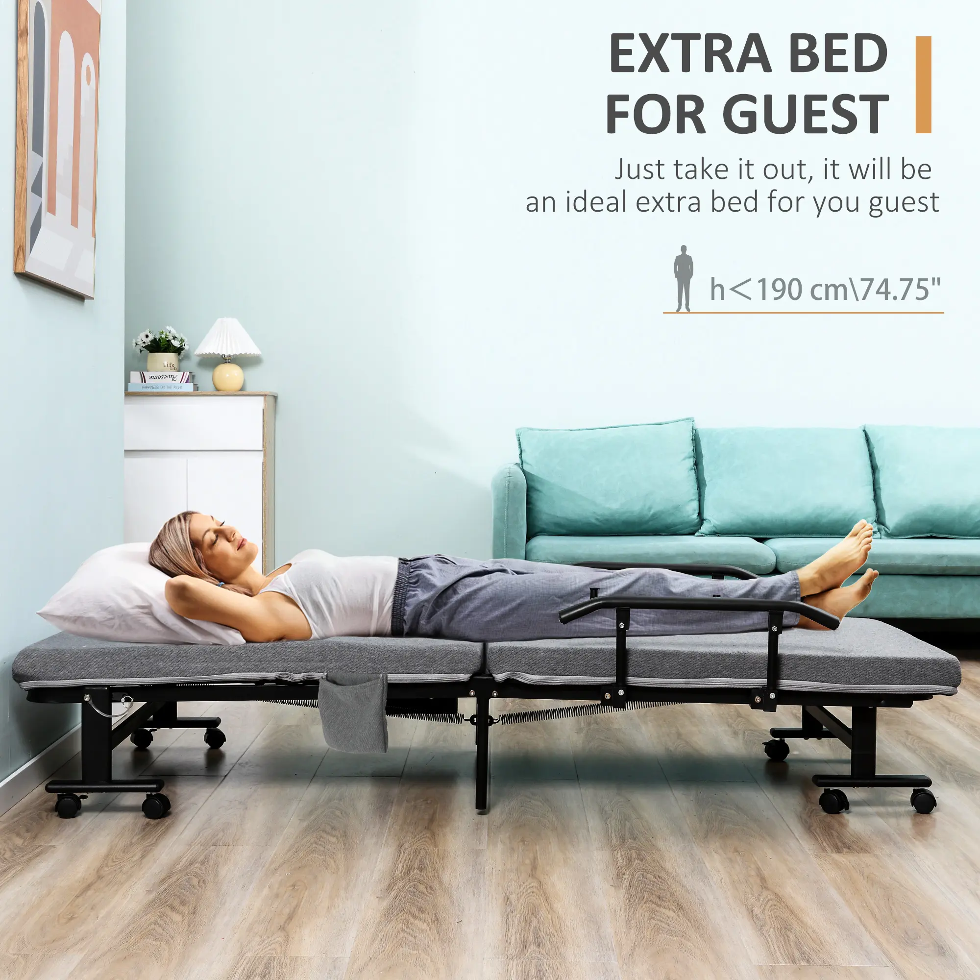 Rollaway Bed, Folding Bed with 3.25" Mattress, Portable Foldable Guest Bed with Adjustable Backrest, and Metal Frame on Wheels, Dark Grey